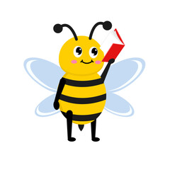 Adorable and cute bee cartoon character happily engaged in reading a red book, symbolizing learning, education, and knowledge with a cheerful demeanor