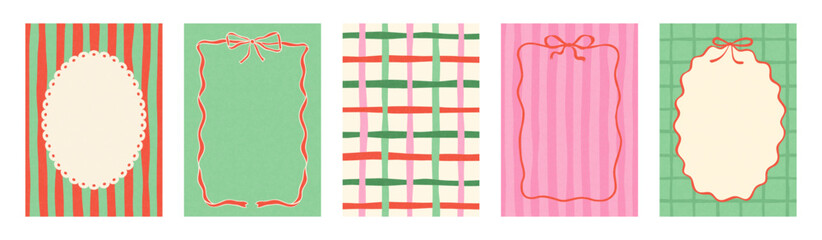 Obraz na płótnie Canvas Set of vertical card templates in a cute hand-drawn style with vintage frames and striped or checkered patterns, perfect for invitations and social media stories, isolated on white background, vector