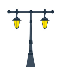 Fototapeta premium Classic double-headed street lights illustration with vintage yellow lanterns isolated on a white background