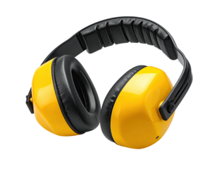 Bright yellow ear protectors with black padding against a dark background