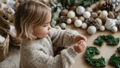 Young child engages in Christmas crafting with natural materials while creating festive decorations at home on a cozy winter day