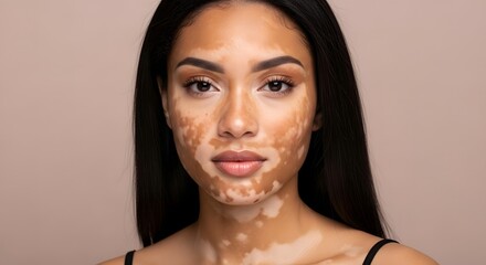 A beautiful and confident woman with vitiligo looking directly at the camera. A portrait celebrating skin positivity, diversity, uniqueness, and self-acceptance