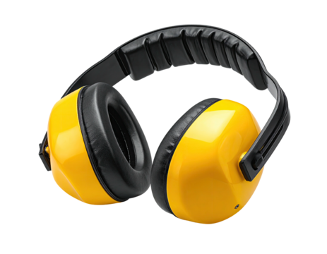 Bright yellow ear protectors with black padding against a dark background
