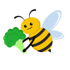 Cute bee holding a piece of broccoli, healthy eating concept illustration