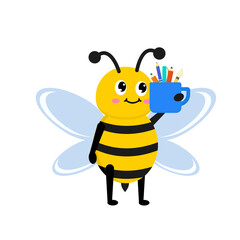 Cute bee illustration holding a mug of pencils, perfect for creative projects, design, and art education