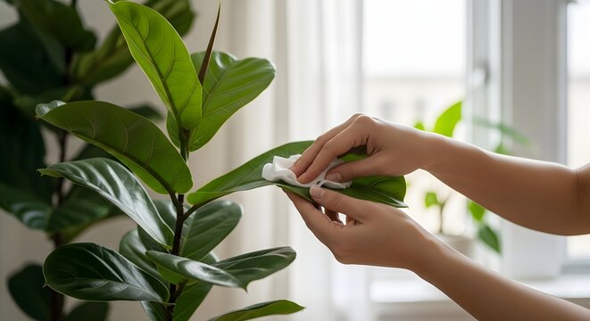 Close-up of hands gently wiping dust from a green leaf of a Fiddle Leaf Fig. A concept of houseplant care, indoor gardening, and connecting with nature at home. - Powered by Adobe