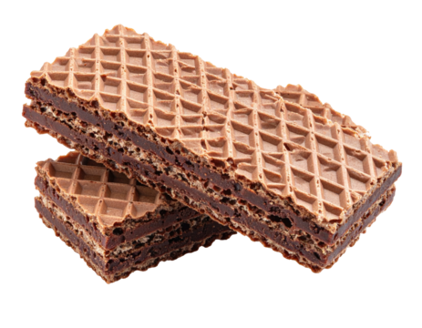 Two stacked crispy layered dessert pastries featuring a chocolate cream filling