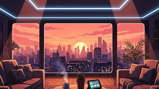 Cozy futuristic living room sunset loop for streams and virtual backgrounds