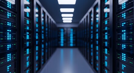 Corridor of a server room in a data center with glowing blue lights. Concept of cloud computing, big data storage, web hosting, and modern information technology