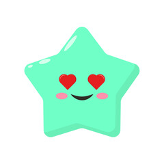 Adorable kawaii cute star character with red heart eyes. A cheerful mint green emoticon smiling with love and isolated on a white background