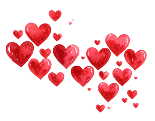 Watercolor red heart pattern isolated on transparent background for valentines day