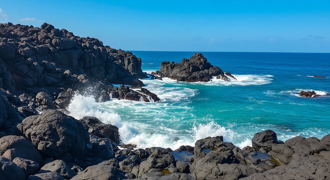 Coastal landscape with rocky formations and ocean water under a clear blue sky