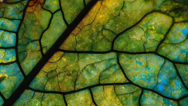 Close-up of a translucent leaf with colorful, intricate vein patterns
