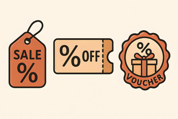 Promotional Essentials: An assortment of eye-catching sale tags, coupons, and vouchers. Each designed to grab attention and entice customers with irresistible offers.