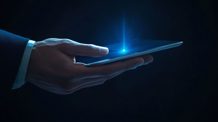 Business hand presenting tablet with hologram UI