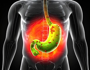 Medical illustration of human torso, showing internal organs highlighting stomach inflammation