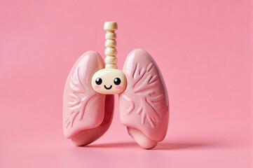 Cheerful cartoon human lungs model with happy smile. An adorable respiratory system organ promoting health, medical education, and biology awareness. Vibrant pink, cute design, joyful positive