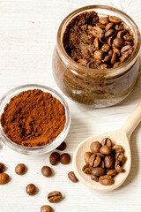 handmade coffee-cocoa scrub on wooden background close up