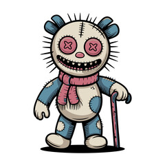 Creepy voodoo doll mascot, stitched plush toy, button eyes, scarf detail, cute horror vector illustration graphic