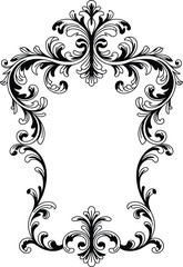 Ornamental frame design, symmetrical floral swirls, elegant vintage border, black decorative layout accent, flourish artwork for invitations and certificates