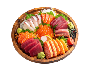 A circular wooden platter overflowing with a colorful, varied sushi sashimi selection