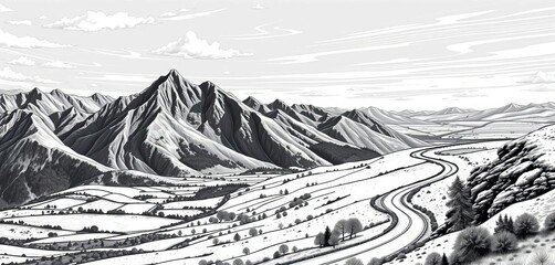 Fototapeta premium Hand-drawn black & white vector illustration of a mountainous landscape featuring a winding road and expansive fields, black, simple