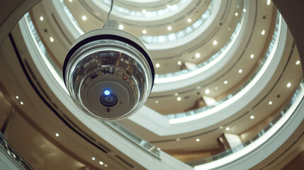 Dome surveillance unit on ceiling of shopping mall