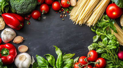 Flat lay of pasta primavera with fresh vegetables