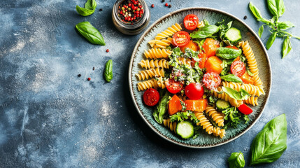 Flat lay of pasta primavera with fresh vegetables