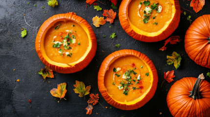 Flat lay of pumpkin soup served in carved pumpkin bowls