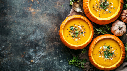 Flat lay of pumpkin soup served in carved pumpkin bowls