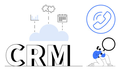 CRM text connected to a cloud, analytics graph, calendar, puzzle piece, and phone call icon. Person with a magnifying glass highlights focus on data. Ideal for technology, management, organization