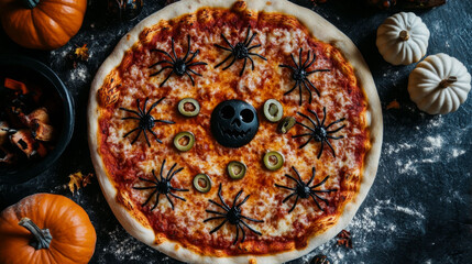 Flat lay of spooky pizza decorated with olive spider shapes