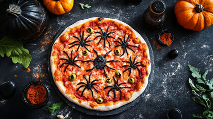 Flat lay of spooky pizza decorated with olive spider shapes