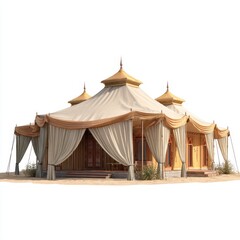 Elaborate desert tent structure with ornate gold accents and flowing drapery on sandy terrain