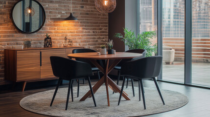 Glass-top round table with wood base, black  chairs, brick wall backdrop, sideboard with decor, pendant lights, and rug warm space.