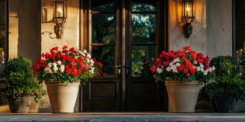Fototapeta premium A front porch with large potted plants, red and white flowers, and a wooden door with black trim.
