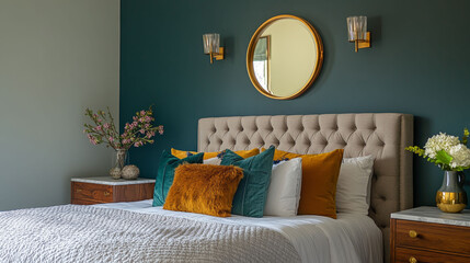 Gray tufted bed with decorative pillows, deep teal wall behind. Gold mirror and sconce add style, wood nightstand with vase of flowers, mid-century dresser with marble top completes.