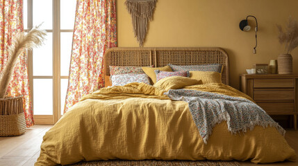 Large window with patterned curtains, mustard duvet with assorted pillows. Wicker headboard adds texture, wall lamp provides light, earthy-toned rug grounds floor, wood nightstand nearby.