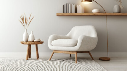 Light armchair with floor lamp, small wood side table, wall shelf with books and ceramics, and textured rug form a cozy space.