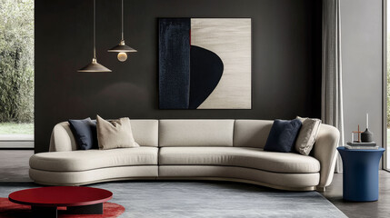 Living room with beige curved sofa, gray armchair, dark wall with abstract painting, blue tables, red accent, and pendant lights.