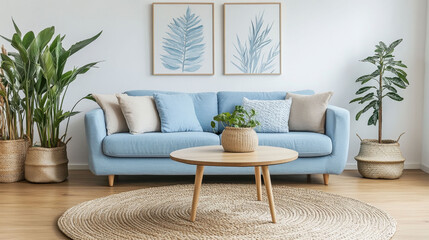 Living room with light blue sofa, beige cushions, circular tables, wooden floor, soft rug, minimalist wall art, and decorative plants.