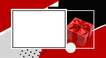 Red gift box with ribbon on geometric background, festive celebration and copy space