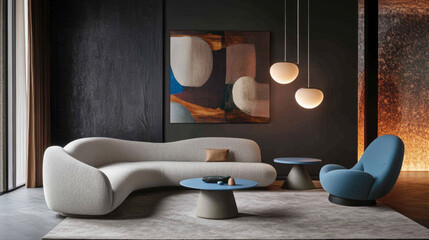 Living room with light curved sofa, gray chair, blue and simple round tables, dark wall with abstract art, and pendant lights.