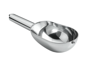 Shiny metal scoop with a handle, likely for serving frozen desserts