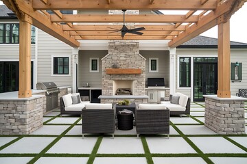 Outdoor Living Space Featuring a Pergola, Stone Fireplace, and Stylish Patio Furniture for a Relaxing Retreat