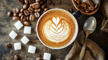 Overhead latte with latte art, spoon, and sugar cubes