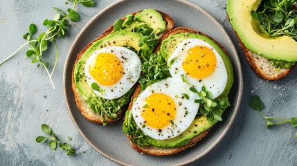 Overhead shot of avocado toast with eggs and microgreens