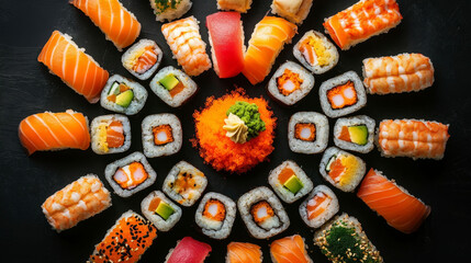 Overhead sushi rolls arranged in circular pattern