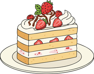 Cute Strawberry Shortcake Slice Vector Illustration – Layered Sponge Cake with Whipped Cream, Fresh Strawberries, and Chocolate Drizzle